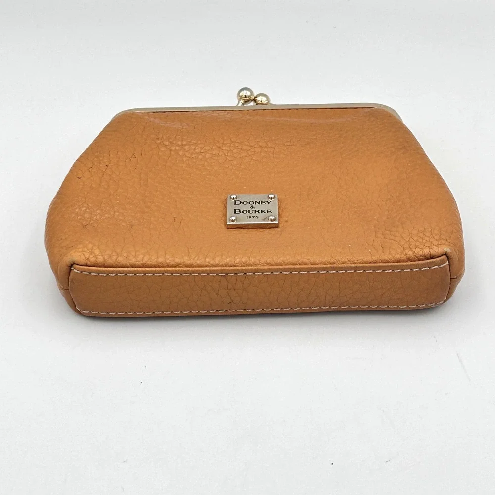 Dooney & Bourke Coin Wallet Purse Kiss Lock Designer Pebble Leather Clutch Tan